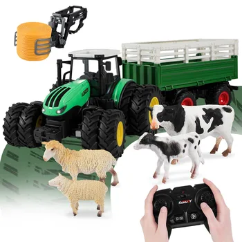 1/24 Радиоуправляеми трактор ремарке с led подсветка, набор от играчки за ферма 8в1, 2.4 Ghz дистанционно управление, симулатор земеделие за деца, подарък