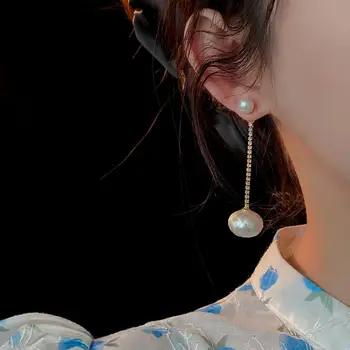 1 Чифт пури в ограничени бройки обици-гвоздиков с изкуствени перли, висящи обеци за жени, Елегантни Дълги Дамски обеци с пискюли от планински кристал