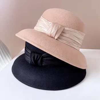 100% Френска реколта вълнена шапка с абажуром, дамская модни плиссированная тюлевая шапка с лък, Елегантна шапка в стил Хепбърн, бейзболна шапка за басейна