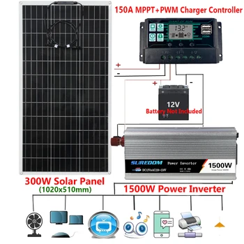 110/220v Слънчева Енергийна Система 300 W ПАТ слънчев панел + 150A контролер на заряд + 1500 W Автомобилен Инвертор Kit за производство на слънчева енергия от 12 На 220 В