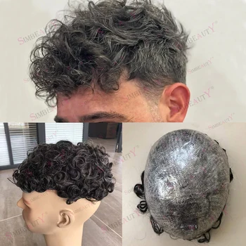 20 мм Извратени мъжка перука от плътен сив цвят на кожата от човешки косъм, сверхпрочный капилярна протеза, черно-кафяви изкуствена коса с естествена линия на растеж на косата