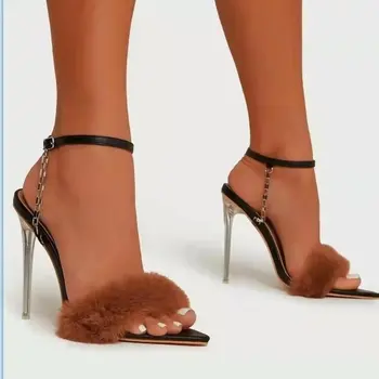 2022 Секси Темпераментни дамски сандали на висок ток с остър пръсти, обикновен дамски сандали с метална верига и обтегач на щиколотке