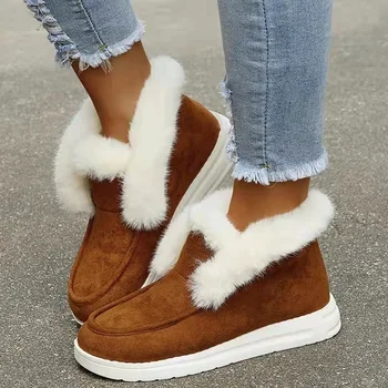 2023 Есен/Зима, Нова однотонная замшевая памучен обувки, Дамски ежедневни зимни обувки с нисък покрив, плюшен дамски памучен обувки