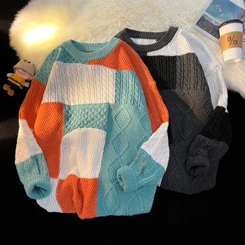 2023 Есента Случайни Мъжки Вязаный Пуловер с кръгло деколте, Оборудвана Трикотаж, Мъжки Пуловери е в стил Мозайка, Пуловери, Мъжки Пуловер Homme E108