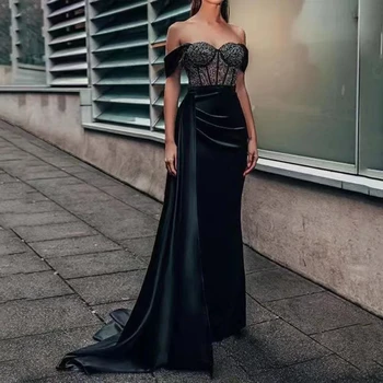 2023 Секси вечерна рокля с отворен гръб за жени, Черно Дантелено рокля с открити рамене, вечерни рокли с цепка 