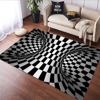 3D черно бял килим с вихревым модел 3D визуален ефект върху килима в хола Мека и нескользящий подложка за пода