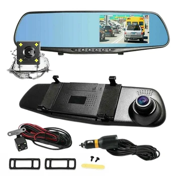4.3 Инчов Дървар за управление на Автомобилен Видеорекордер Dash Cam 1080P HD Двухобъективный Автомобилен Видеорекордер Предната и задната камера на Огледалото за обратно виждане Черна кутия