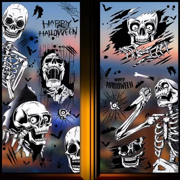 4 Листа PVC Стикери за Декориране на Прозореца Happy Halloween Стикер череп прилеп и виртуален скелет за украса на прозорци със Сенки на Хелоуин