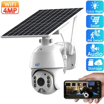 4-мегапикселова камера за наблюдение на слънчева батерия, Wifi, Външна цветна безжична PTZ камера за нощно виждане, вградена батерия, IP камера за видеонаблюдение