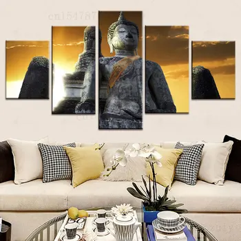 5 панели, Голяма Фигура на Буда, Печат върху платно, Будизъм, Религия, Живопис за всекидневната, за Украса на офис, Фотостена