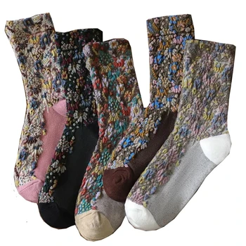 5 Чифта Памучни чорапи с винтажным принтом, Зимни Дълги дамски Чорапи в стил Мозайка, Сладък Kawai, Корейски стил, Модни Нови чорапи в стил Харадзюку