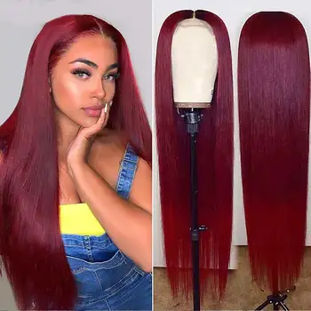 99J Бордо Бразилски права коса 13x4 Перуки, изработени от човешка коса на дантели в Червено, предварително выщипанные Перуки на дантели за жени