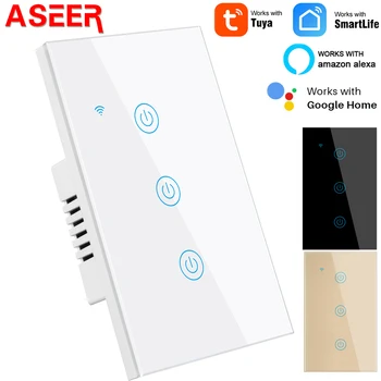 ASEER Sasha WiFi Smart Switch САЩ Стандарт 3 Банда 90-240 v Ac WIFI Ключ 600 W Тъчпад Ключа за лампата Работи Алекса Google Home