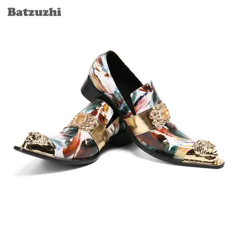 Batzuzhi/ Луксозни Мъжки кожени обувки, ръчно изработени с метален връх, Вечерни кожени модел обувки за мъже в бизнес стил, за партита и сватби!