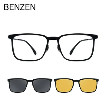 BENZEN 2 в 1 Рамки за очила с магнитен клипс за мъже TR90 От чист титан, Ретро Квадратни Рамки за оптични очила по рецепта, Мъжки