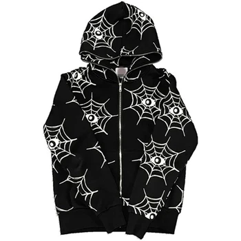 Combhasaki Унисекс, Пуловер Y2K, палто с качулка, Cartoony принт под формата на Паяжина, Hoody джоб с дълъг ръкав, Свободни Блузи Оверсайз