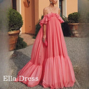 Ella Арбузно-червено Шифоновое рокля за абитуриентски бал с висока талия и отворени рамене, Официална вечерна рокля, Ламинирано Сватбена рокля