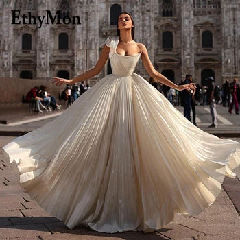 Ethymon Просто Сватбена рокля с квадратна яка с едно рамо, Шифоновое рокля за булката, без ръкави, в сгъвката, Vestidos De Новия, Направени по поръчка, Трапецовидна форма