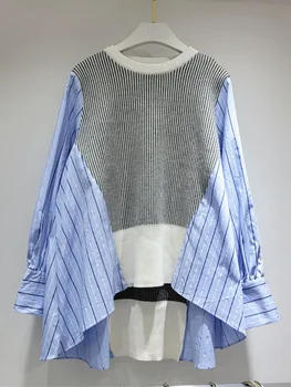 [EWQ] Фалшив Ризи от две части, Пролетен Дамски Есенна Мода, Европейска Мода, Блуза Голям Размер, Трикотажни Блузи в Ивица с отстрочкой U3982