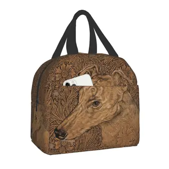 Greyhound On William Morris Marigolds Изолирано чанта за обяд за жени, охладител за кучета, термален обяд-бокс за плаж, къмпинг, пикник