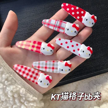 Hello Kitty Kawaii Ins Сладък Студентски Корейската версия на клипа KT Cat BB в Червено грах Клетчатая Шнола за коса с бретон във формата на сърце за момичета