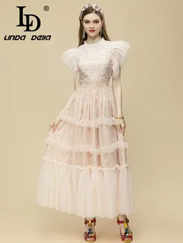 LD LINDA DELLA, моден Дизайнер, 2023, Лятно нова рокля, Секси Рокля с изгорени ръкави, Розови окото, Цветя, бродерии, Винтажное вечерна дълга рокля