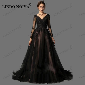 LINDO NOIVA/ Чубрица Черните Сватбени рокли Трапецовидна форма, Дантелено Празнично Бална рокля с дълги ръкави, Рокли за Бала на поръчка, Vestidos De Boda