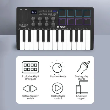 M-VAVE 25-ключ клавиатура MIDI клавиатура USB Мини клавиатура MIDI-контролер с 25 чувствителни към скоростта на клавишите, 8 броя с RGB подсветка, 8 Дръжки