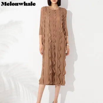 MelonWhale Miyake Плиссированное рокля с дълъг ръкав Женски 2023 Лятото Ново Корейското Модно Ежедневното Елегантна Класическа Дълга рокля Голям Размер