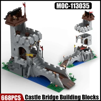 MOC Рицарски замък, мост, строителни блокове, Военна сцена, Средновековната Военна Стражева кула, Лодка, Река тухли, играчки, подарък за момчета
