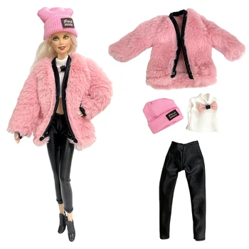 NK, 1 комплект, мода принцеса, бяла спускане, черен панталон, розово палто + шапка, небрежно облекло за кукли Барби, аксесоари, подарък играчка за момичета