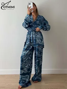 Oymimi/ Модни Дамски комплекти със синьо принтом, 2 броя, Елегантни Ризи с Дантела с дълги ръкави и копчета И Преки Свободни Панталони, Дамски Комплекти