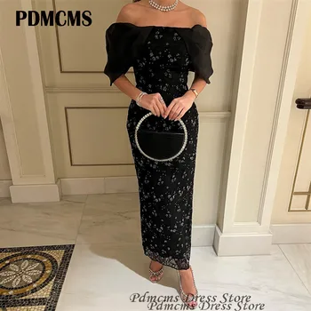PDMCMS черни и дълги рокли за абитуриентски бал с лодка врата във форма на пръчки с дължина до глезена вечерни рокли в ретро рокля официална парти рокля Саудитска арабски