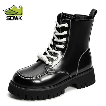 SDWK/ Висококачествени Обувки на платформа, Дамски Обувки, Черни Кожени Ботильоны в стил пънк, Мотоциклетни ботуши на дебела Подметка AD4591