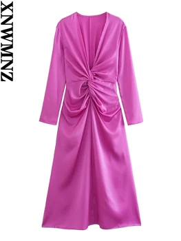 XNWMNZ Дамска мода 2023, Атласное рокля с възел на Жената Винтажное рокля с V-образно деколте и Дълъг ръкав, Плиссированное Офис на Дамско Луксозно бельо Рокля Midi