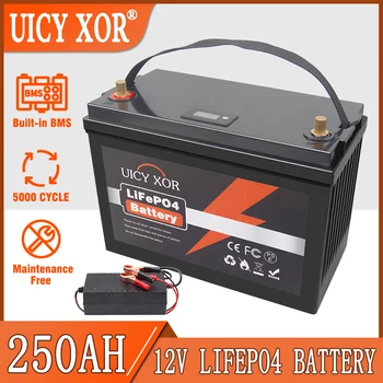 Батерия LiFePO4 12 250 Ah, вградени литиево-железен фосфат батерии BMS, за кемперов, колички за голф, за съхранение на слънчевата енергия със зарядно устройство
