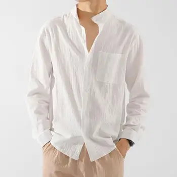 Блузи с дълъг ръкав, Стилни мъжки блузи с яка-рецепция, външен джоб, однобортный, свободно размери, за ежедневието