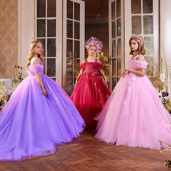 Буйни рокли на Принцеси за сватба в градина с открити рамене, Рокли с цветя модел за момичета, Розови рокли, Тюлевое сватбена рокля за момичета, рокля за булката