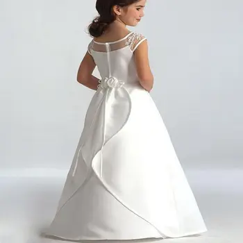 Бяло елегантна атласное рокля с цветя модел за момичета, сватбената рокля на Принцеса с аппликацией, Детско бална рокля за Първо причастие