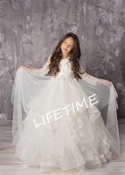Бяло, слонова кост, Пушистое, с подвижни стикер на опашката, Сватбената рокля на цветя модел за момичета, Милото Детско рокля на цветчета за Деня на Св. Причастие