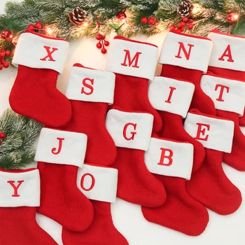 Весели Коледни чорапи с червени букви на азбуката, Коледни чорапи, Висулка във формата на елхи, украса за дома, подарък за Коледа за Нов 2024 година