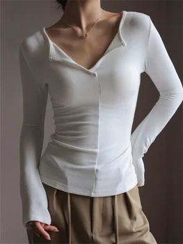 Висококачествена модальная в есенно-зимната базова тениска с V-образно деколте за жени с дизайнерски интериор, бяла тениска с дълъг ръкав за жени с