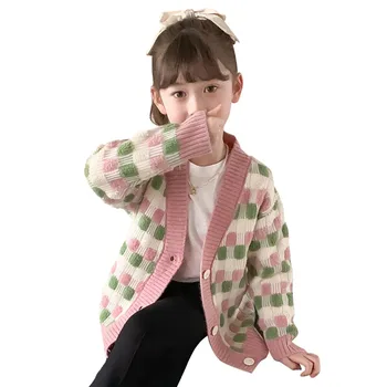 Вязаная яке за момичета, палто с клетчатым модел, Детски пуловер за пролет-есен за момичета, Ежедневни детски дрехи в стил Кэжуал