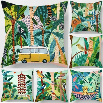 Горски възглавници с животни, калъфка за възглавница, Тропическа палма, цвете, артистична възглавница, Декоративна калъфка за дивана, калъфка за възглавница