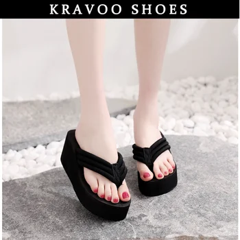 Дамски обувки на платформа KRAVOO, Чехли на танкетке, Дамски Чехли, Сандали на високи токчета, Черни дамски чехли, Плажни Пързалки Лято 2023