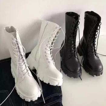 Дамски обувки; колекция 2023 г.; Сезон Есен-зима; Модерни ежедневни обувки до средата на прасците с цип с кръгла пръсти; Удобни обувки на платформа със шнур; - Големи размери