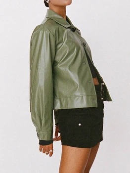 Дамски укороченная яке от изкуствена кожа, Всекидневни монофонични жилетка копчета с дълъг ръкав, мотоциклетное байкерское есен късо палто