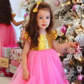 Два тона рокля с цветя модел от тюл и пайеток за момичета, бал на Принцеса Конкурс за красота, Първо причастие, Детски подарък-изненада за рожден ден
