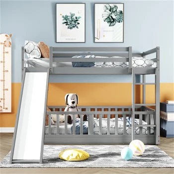 Двуетажно легло Twin Over Twin С пързалка и стълбище Сив цвят Здрава Лесно се монтира Подходящ за мебели за спални