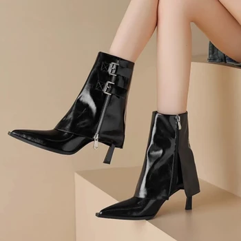 Дизайнерски дамски обувки, Новост 2023 г., черни дамски обувки от лачена кожа, зимни Модни Ботильоны на висок ток с остър пръсти, Zapatos De Mujer